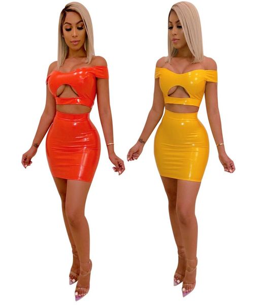 

women two piece skirts set club dresses faux leather zip off shoulder short sleeve cut out crop mini skirt outfits yellow6016895, White
