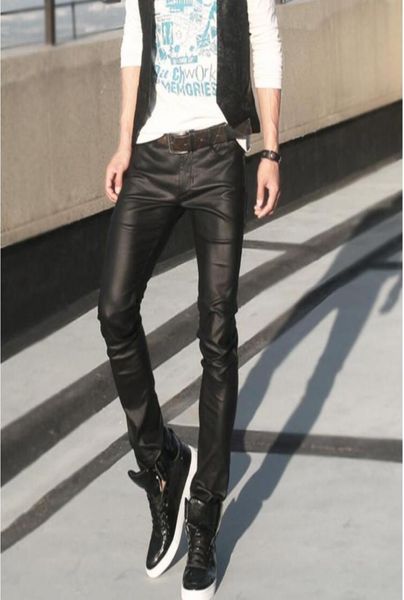 

2019 new men039s personality tight pants fashion men shiny stretch motorcycle pants black trousers singer costumes9506788