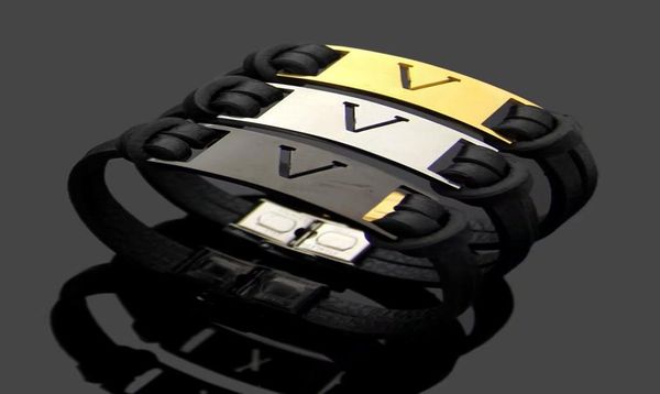 

europe america fashion style men hollow out v letter black doubledeck leather bracelet 4 color1045643