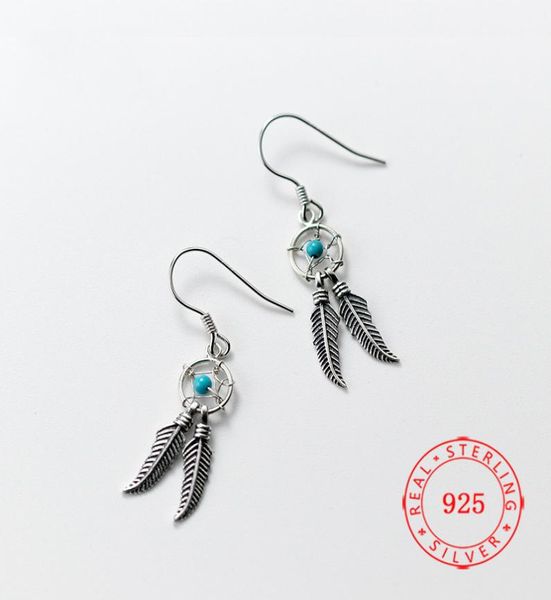 

marcasite 925 silver dangle earrings female japanese style simple retro hollow blue beads dreamcatcher feather tassel china import5936564