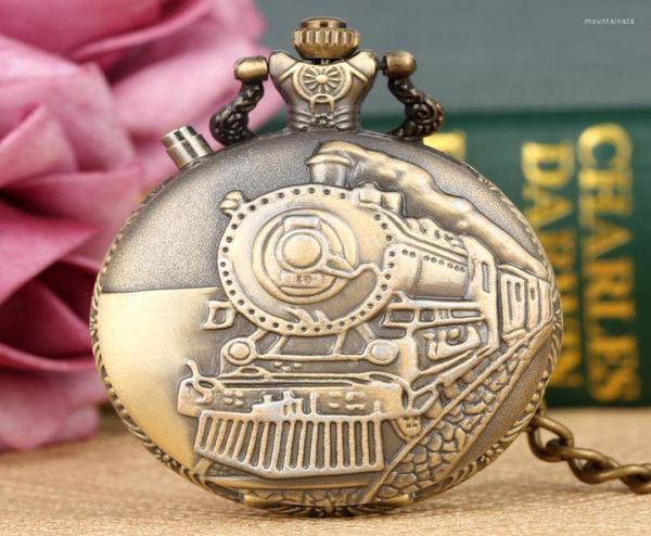 

pocket watches bronze running steam train watch men bronzesilvergold case quartz pendant fob chain retro clock gift reloj moun225572226, Slivery;golden