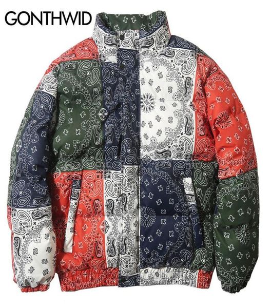 

cashew flowers print color block patchwork cotton padded parkas streetwear harajuku hip hop thick puffer parka jackets4534641, Black