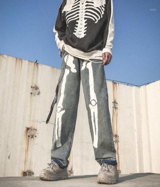

men039s jeans men skeleton oversized black 2021 denim mens streetwear hip hop man straight trousers pants overalls w144611967522, Blue