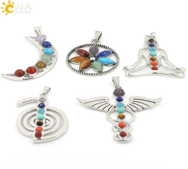 

csja chakras natural stone pendant angel wings health amulet fashion 7 reiki yoga jewelry necklace pendants boy girl gifts mix cha4211267, Bronze;silver