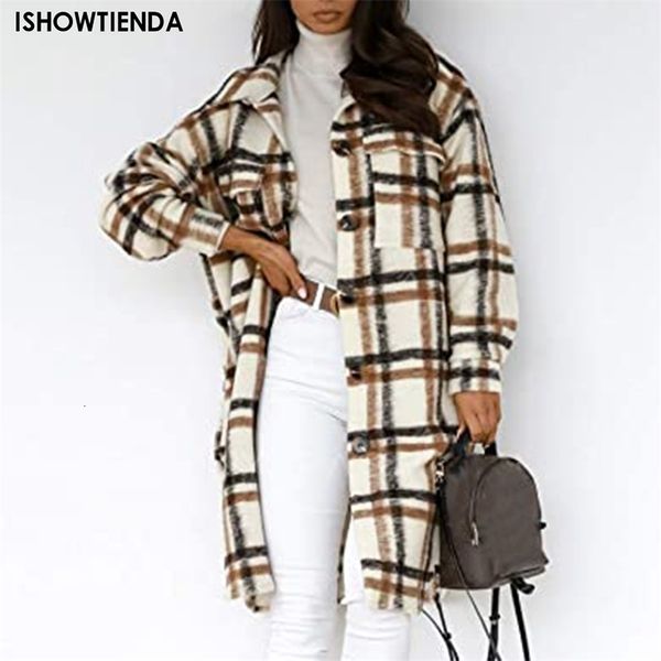 

womens wool blends plaid woolen coat outerwear fashion long sleeve print button open front cardigan 230831, Black