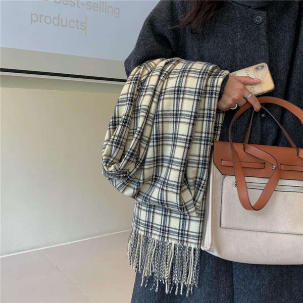 

korean version of ins scarves retro artistic plaid imitation cashmere scarf for women in autumn and winter, Blue;gray