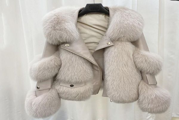 

women coat thanksgiving gift winter faux fox fur splicing leather outdoor leisure fashion street fur collar coats khaki grey white7046218, Black