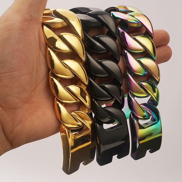 

32mm hip hop bling cuban link chain mens bracelets colorful heavy stainless steel bangle jewelry, Black