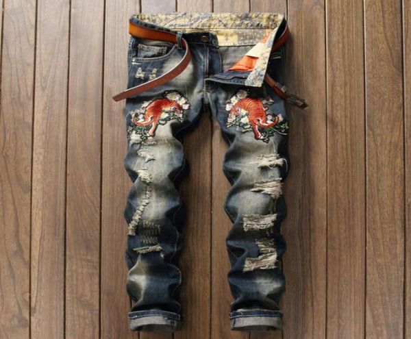 

hole patch jeans men embroidered tiger jeans men trousers male denim pants masculino motorcycle fashion designer4237794, Black