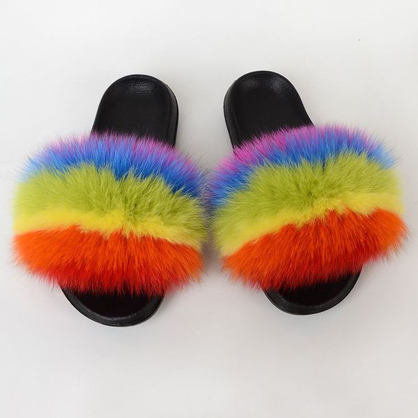 

slippers real fur women raccoon fluffy furry summer flat sweet ladies shoes large slides 230831, Black