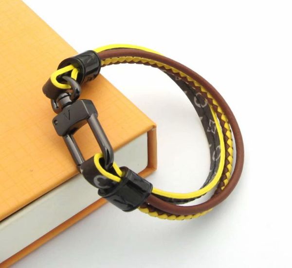 

europe america fashion men lady women prints gray flower three layers woven engraved v letter metals treble leather bracelet bangl1800409, Black