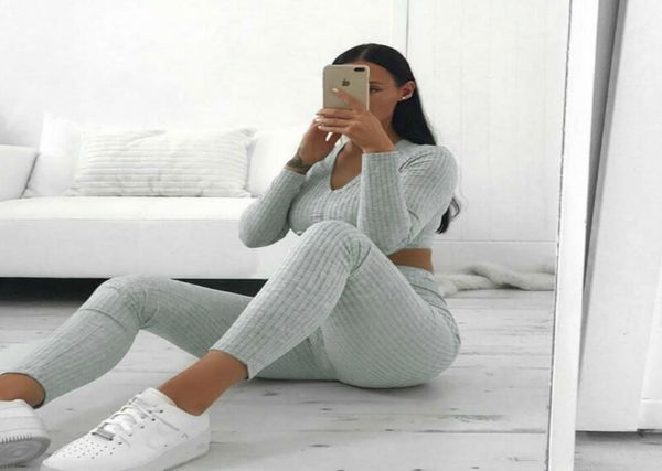 

women knitted lounge wear sets 2pcs crop suit ladies designer tracksuit set spring casual streetwear clubwear8596424, White