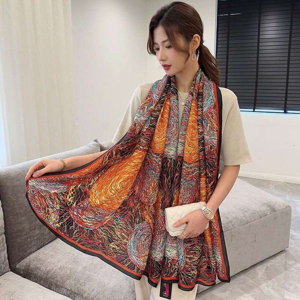 

silk scarf womens korean fashion high end long beautiful brocade sunblock external decor shawl beach towel, Blue;gray