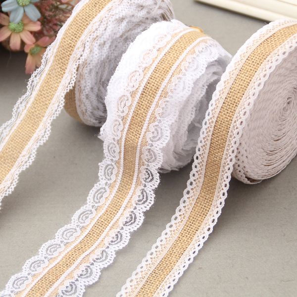 

25mm natural jute burlap hessian lace ribbon with white lace trim edge rustic vintage wedding centerpieces decor