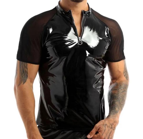 

men039s body shapers pvc leather short sleeved shirt mens glossy erotic shaping sheath latex bodycon patent jacket me7976770, Black;brown