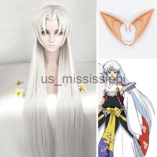 

cosplay wigs 39in 100cm long inuyasha sesshomaru wig with ears heat resistant cosplay silvery synthetic hair peruca wig cap x0901, Black