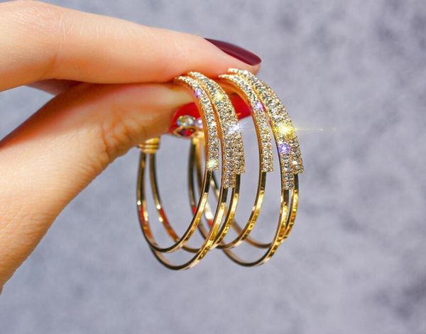 

925 silver big crystal hoop earrings large classic full rhinestone circle earring for women party round trendy circle earring 3 co3621189, Golden;silver
