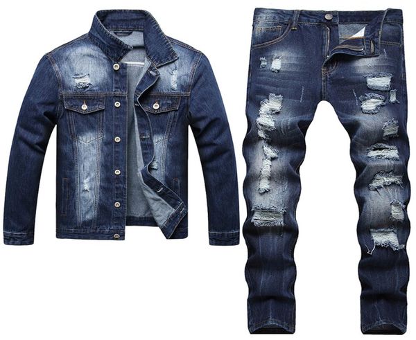 

blue ripped hole men039s 2pcs jeans sets 2022 tracksuits fashion slim long sleeve jacket matching straight jeans casual denim s2199161, Gray