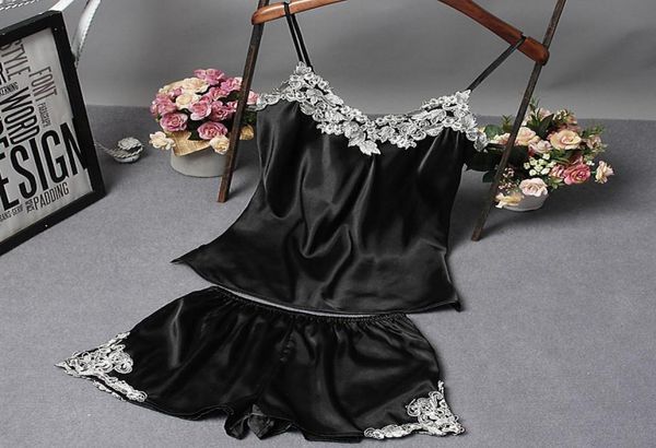 

ladies silk satin pajama set lace sleepwear sleeveless pijama vneck summer home wear sleep for women3793024, Black;red