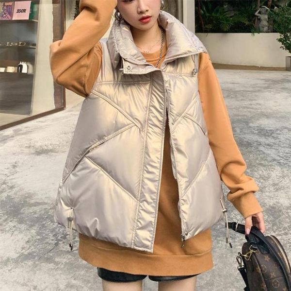 

women039s vests shinny winter puffer vest women solid turn down collar zipper quilted ladies sleeveless jacket loose fashion st5230620, Black;white
