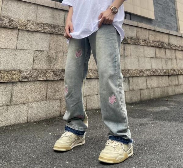 

distressed letter embroidery ripped washed retro jeans trousers for men high street casual straight baggy denim pants5249372, Black;brown