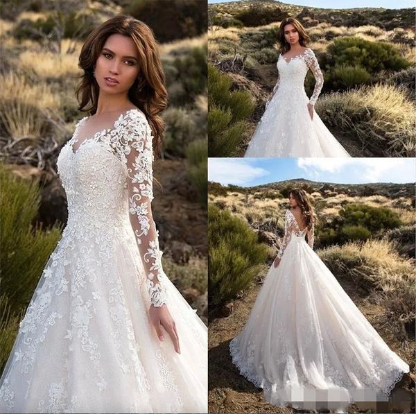 

2023 modest long sleeves a line wedding dresses v neck lace appliqued sweep train plus size wedding bride gown vestido de novia, White