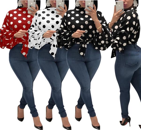 

autumn fashion women039s polka dot puff long sleeve blouse pullover high neck t shirt crop plus size5768364, White