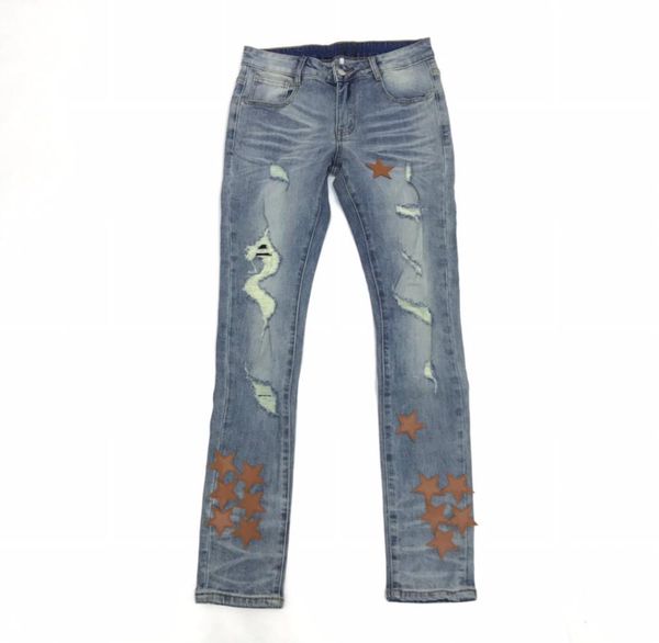 

2021 men jeans pants long ripped hole patch little bear brown pentagram embroidery straight skinny designers mens clothing9407692, Blue