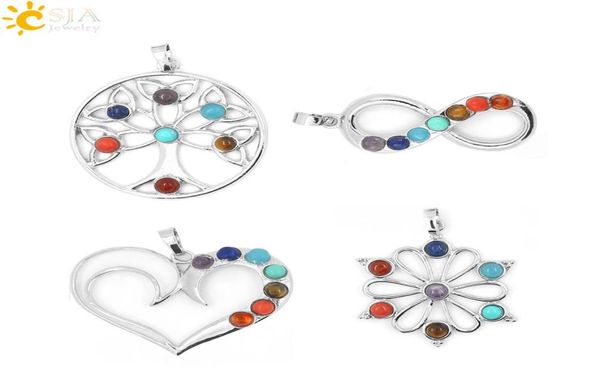 

csja 7 chakra stone beads pendant yoga healing point aum reiki chakra crystal bead health amulet life tree charms women flower pen8538417, Bronze;silver