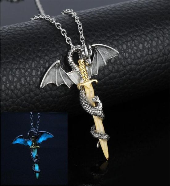 

luminous jewelry dragon sword pendant necklace game of throne neck lace glow in the dark anime necklace for men christmas gifts1814778, Silver