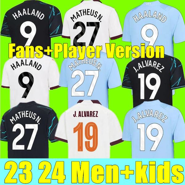 

haaland soccer jersey 22 23 24 de bruyne mans cities grealish matheus n. foden 2023 2024 football shirt uniforms men kids sets alvarez fans, Black;yellow