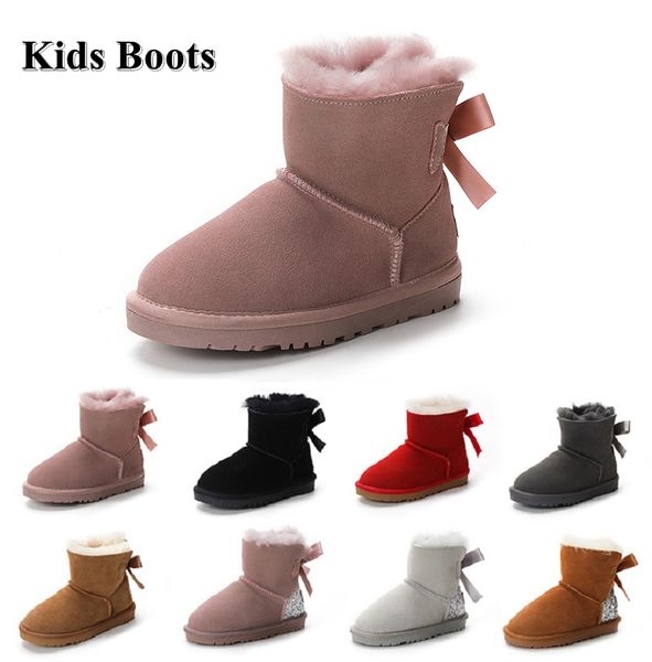 

kids warm bow boots children classic mini half snow boot winter full fur fluffy furry satin ankle preschool ps enfant child kid toddler tod, Black;grey