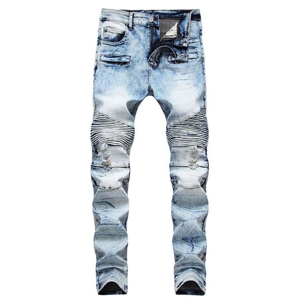 

men039s snow washed light blue biker jeans for motorcycle pleated slim straight stretch denim pants1096734