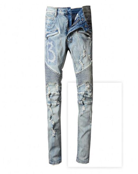 

mens designer jeans distressed ripped biker print slim fit motorcycle bikers denim for men fashion mans hip hop pants9233067, Blue