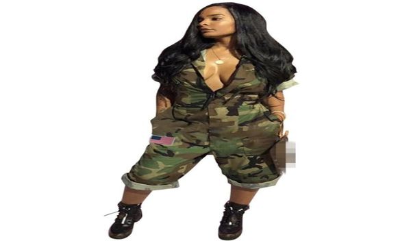 

women jumpsuits camouflage print half sleeves deep v neck zipper capris pants jumpsuits romper with pockets mid calf5816632, Black;white