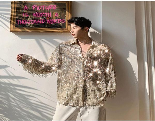 

men see through long sleeve casual tassel sequins shirt fashion streetwear loose dress shirts clothing1782724, White;black