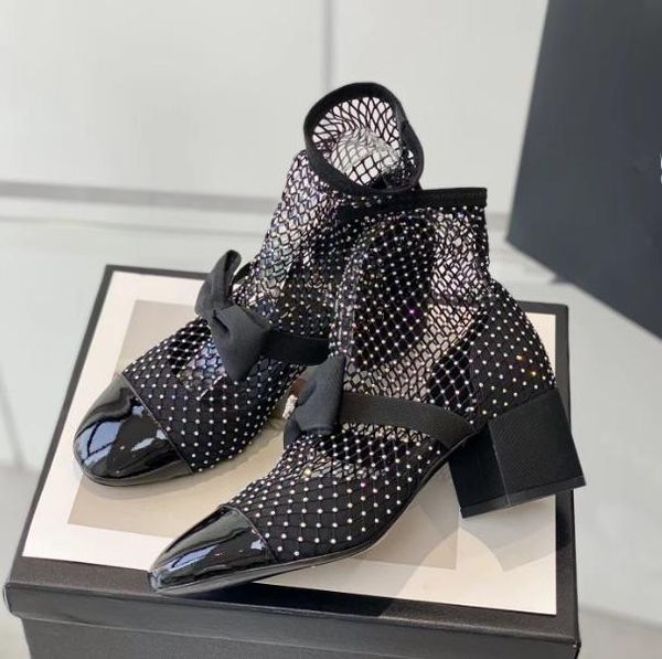 

Women Bowtie Mesh with drill boots New fashion Hollow out breathable thick heel shoes Net sandals Women's ankle boots Half Boots, Black short