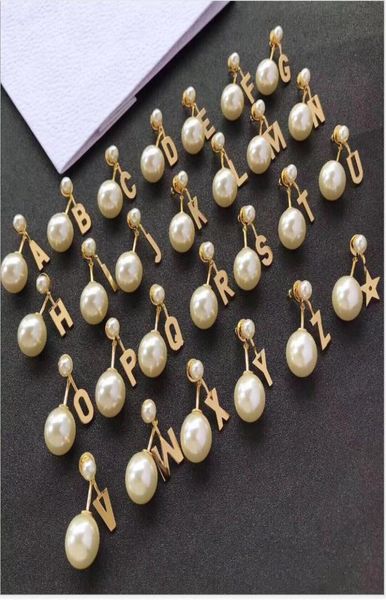 

26 letter pearl stud female brass stud ornament01234564361822, Golden;silver