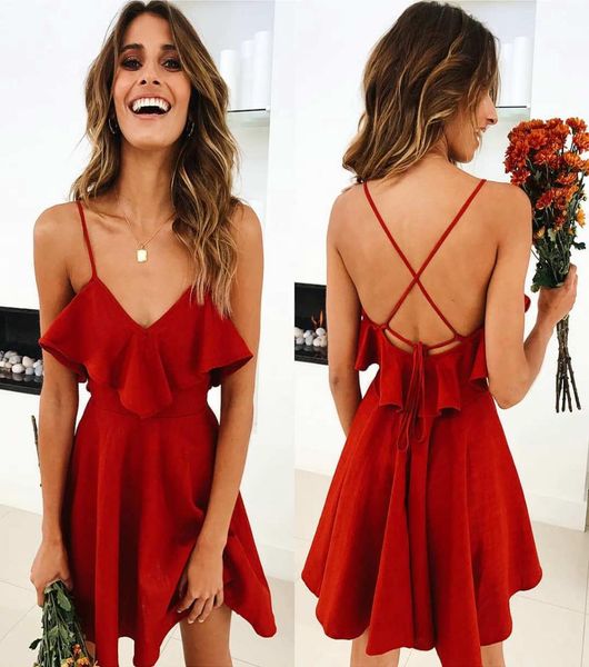 

ruffles v neck red mini dress summer women 2020 beach dress short backless spaghetti strap dresses ladies sundress female4175058, Black;gray