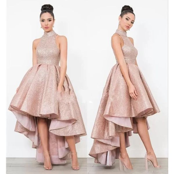

rose gold plus size homecoming dresses halter high low glitter short prom gowns cocktai dress custom vestido de novia, Blue;pink