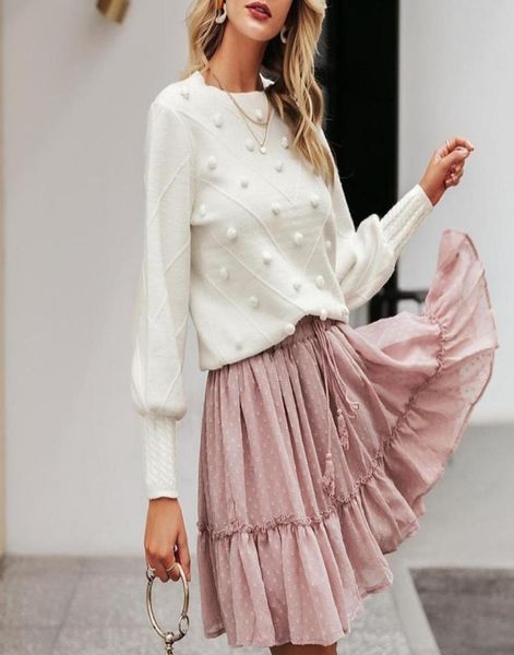 

misswim elegant pompon white sweater women invierno lantern sleeve knitted sweater female pullover ladies jumper streetwear y200113191357, White;black