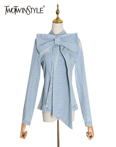 

twotwinstyle bowknot denim shirt for women stand collar long sleeve zipper casual spring blouse female new fashion clothing 2020 y9247744, White