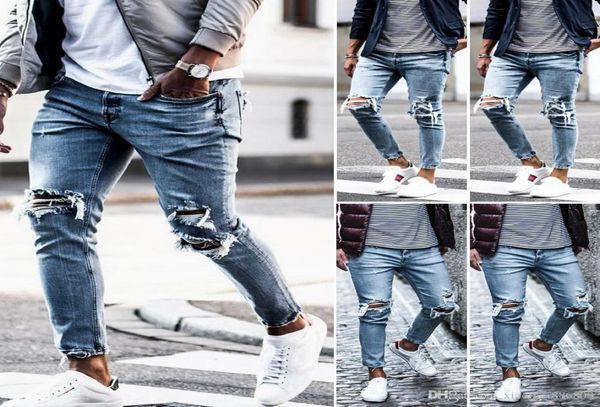 

men039s ripped skinny biker jeans destroyed frayed slim denim pants trousers us6610883, Blue