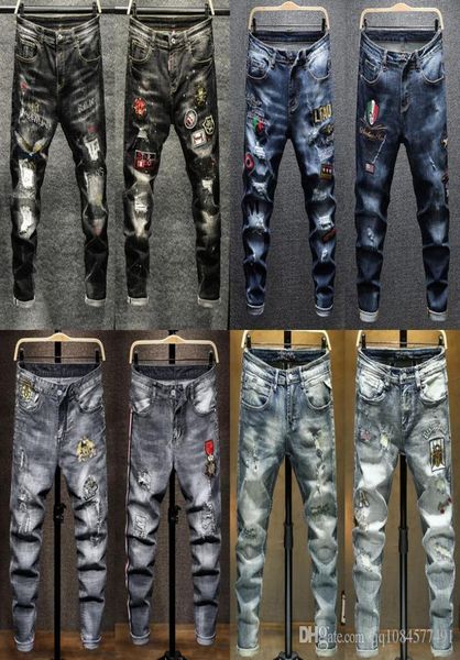 

19ss autumn and spring embroidered flower jeans men039s ripped beggar pants badge printed lightcolored elastic trend men0395304946, Blue