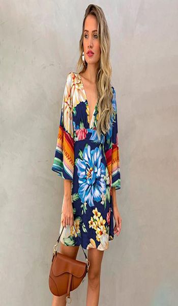 

women dresses summer 2020 v neck floral print boho beach dress ruffle short sleeve a line mini dress sundress robe sy2212609039061, Black;gray