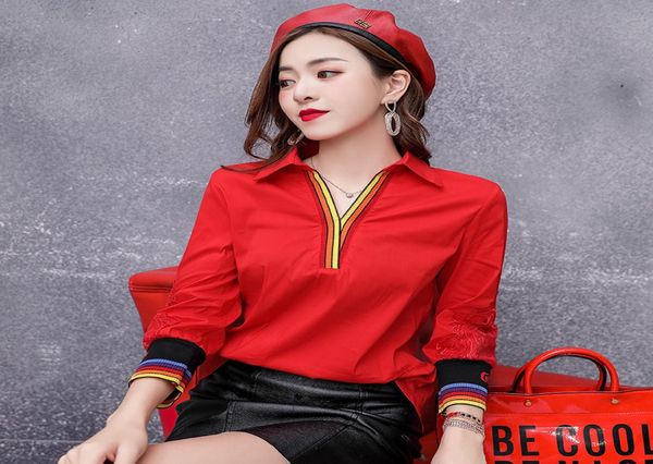 

new 2021 embroidery ladies designer blouses runway women039s rainbow striped shirts beautiful spring autumn office vneck butto6585750, White