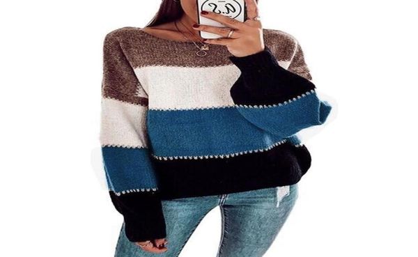 

fashion 2020 womens sweater casual oneck threecolor stitching striped longsleeved sweater damen pullover winter truien dames4708184, White;black
