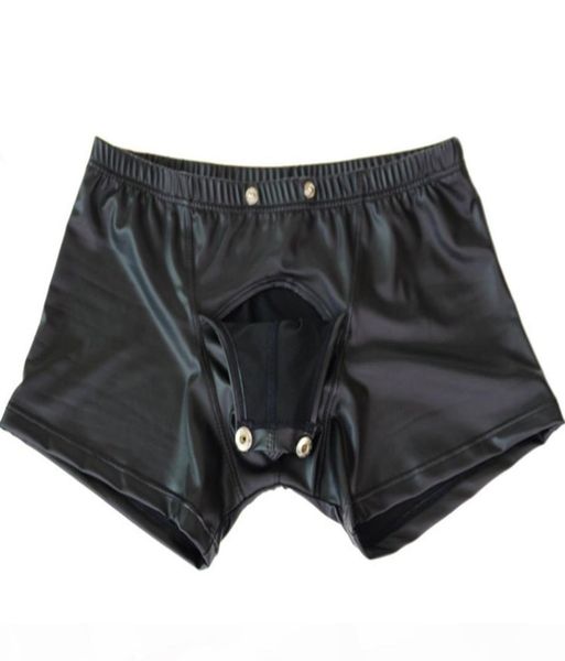 

gay jockstraps panties for mens lingerie faux leather shorts underpants underwear press button with bulge pouch opened8258139, Black;white