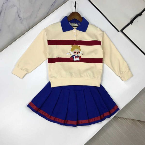 

luxury designer baby autumn sets girls dress suits size 120-170 cm 2pcs cartoon girl embroidered polo sweater and short skirt aug30, White