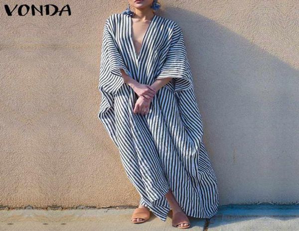 

vonda plus size bohemian women striped dress 2019 autumn v neck irregular hem party maxi long dresses casual loose2763829, Black;gray